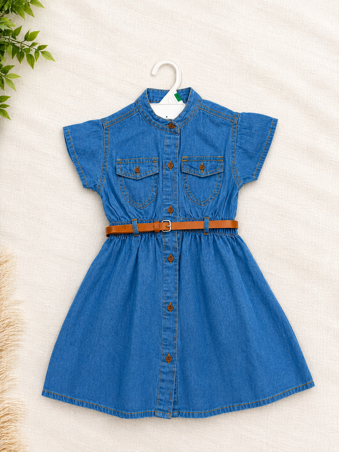 Girls' Dark Blue Denim Shirt Dress with Belt