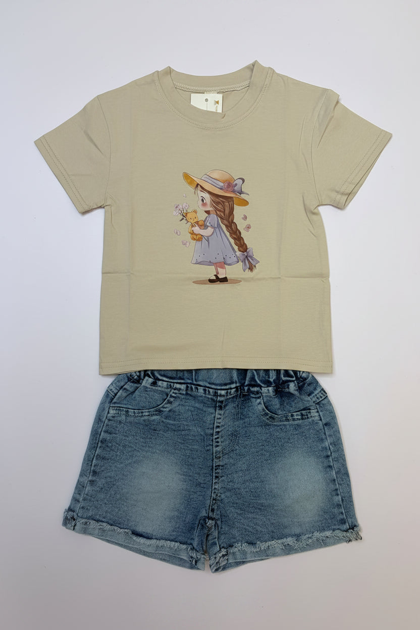 Printed T-shirt & Denim Shorts Set