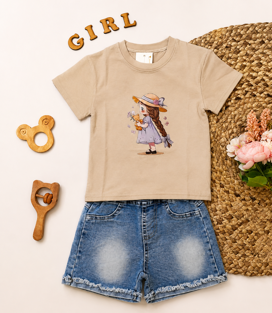 A children's outfit set featuring a beige short-sleeve t-shirt with a cartoon girl graphic, paired with blue denim shorts