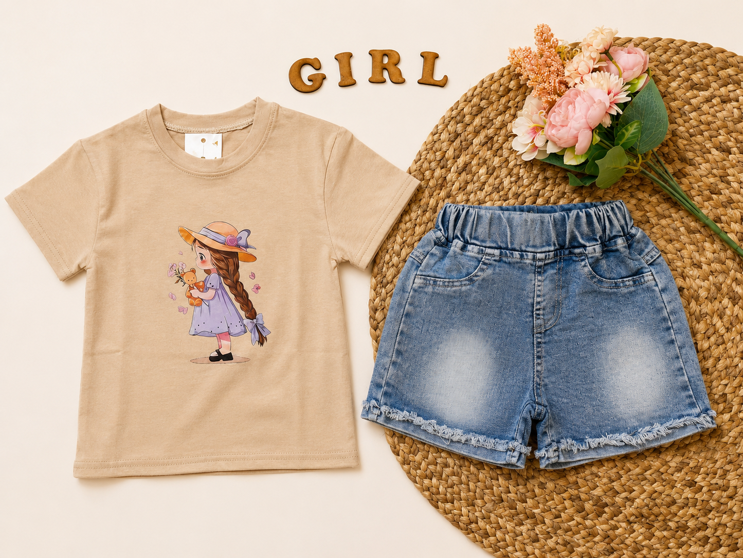 Printed T-shirt & Denim Shorts Set