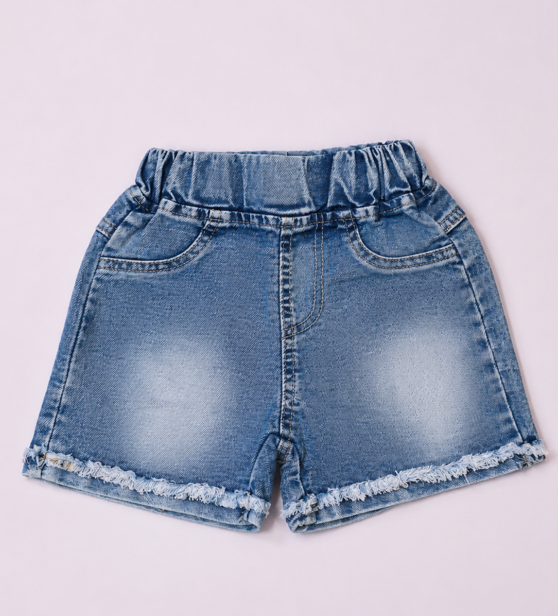 Light blue denim shorts for kids, featuring a high elastic waistband, classic five-pocket design,