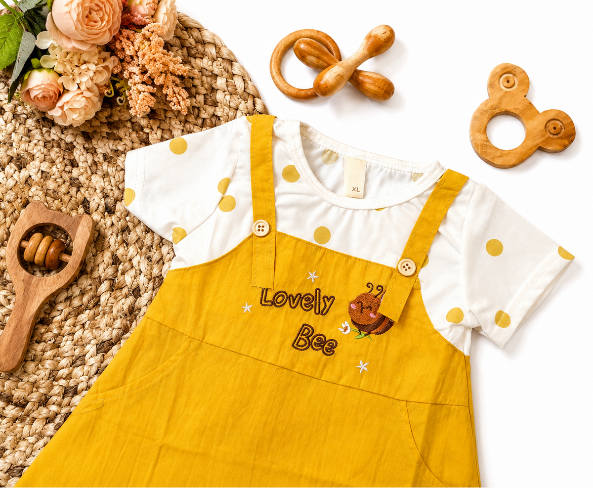 A baby short-sleeve romper styled in a flat lay, featuring a white ruffled short-sleeve top with yellow polka dots underneath a mustard yellow linen-look overall bib. The bib has 'Lovely Bee' embroidered on the chest with a bee graphic.