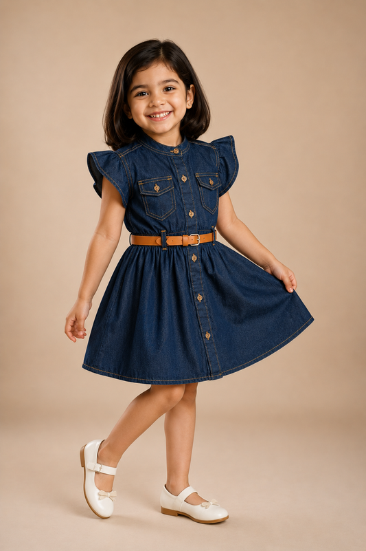 Girls' Dark Blue Denim Shirt Dress with Belt