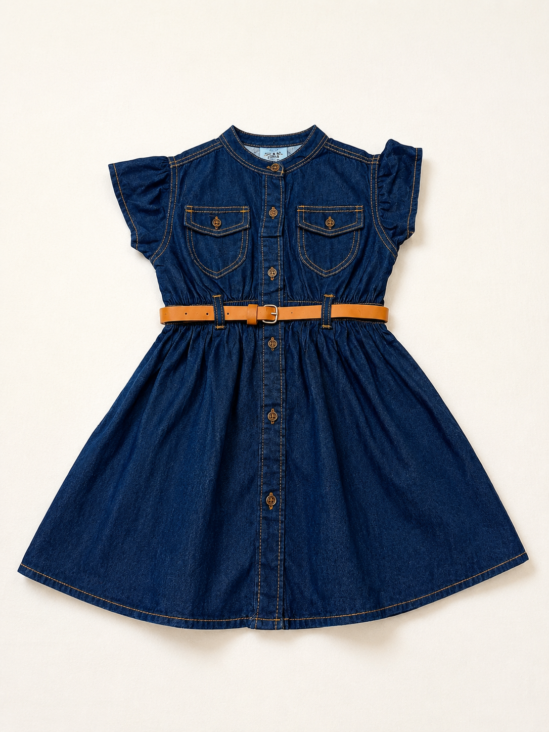 Girls' Dark Blue Denim Shirt Dress with Belt
