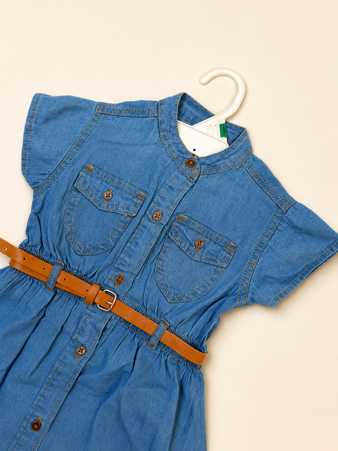 Girls' Dark Blue Denim Shirt Dress with Belt
