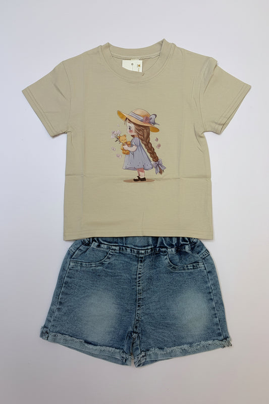 Printed T-shirt & Denim Shorts Set