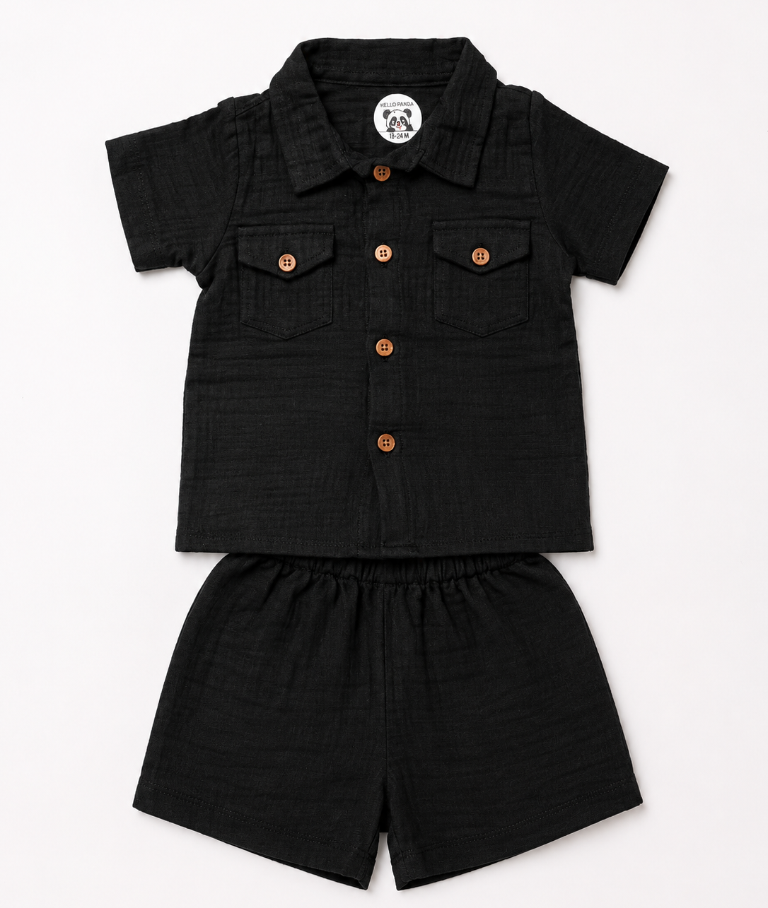 A two-piece baby outfit set consisting of a short-sleeve button-up shirt and matching shorts in black textured fabric,