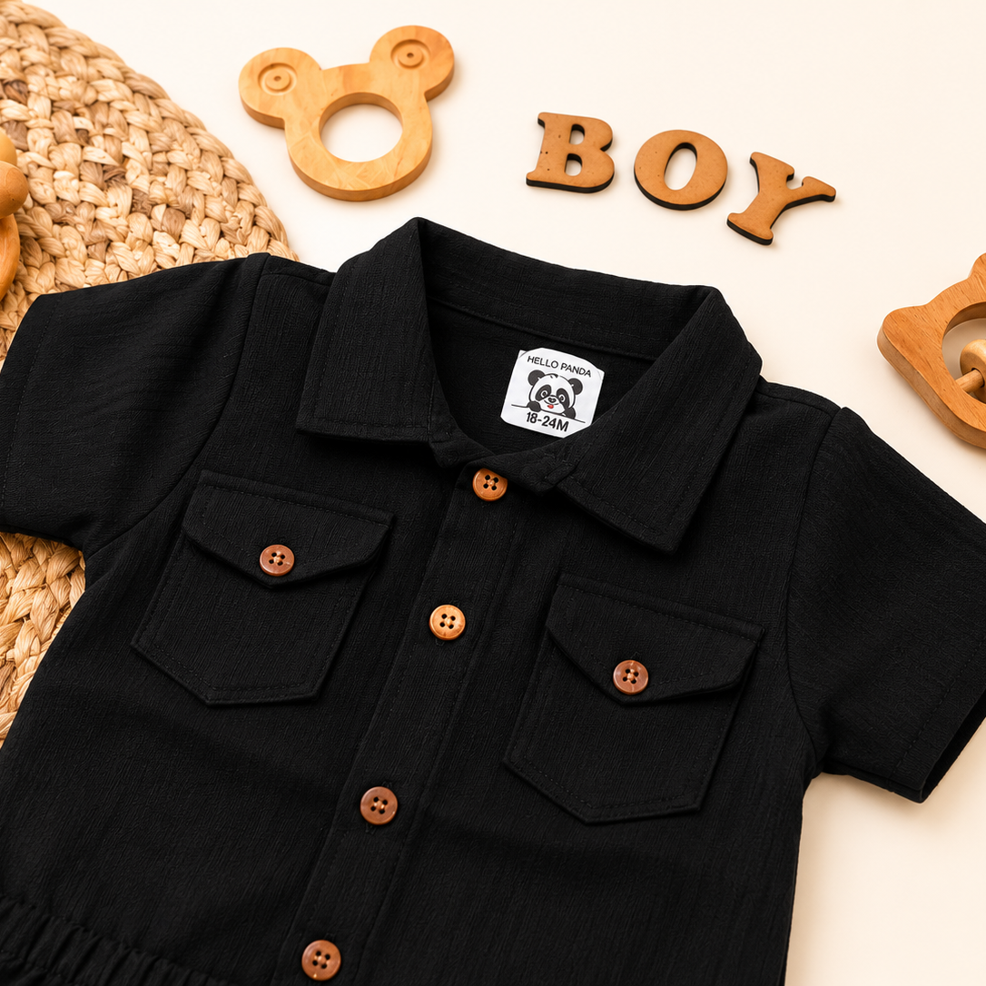 A black short-sleeve collared shirt dress for boys,